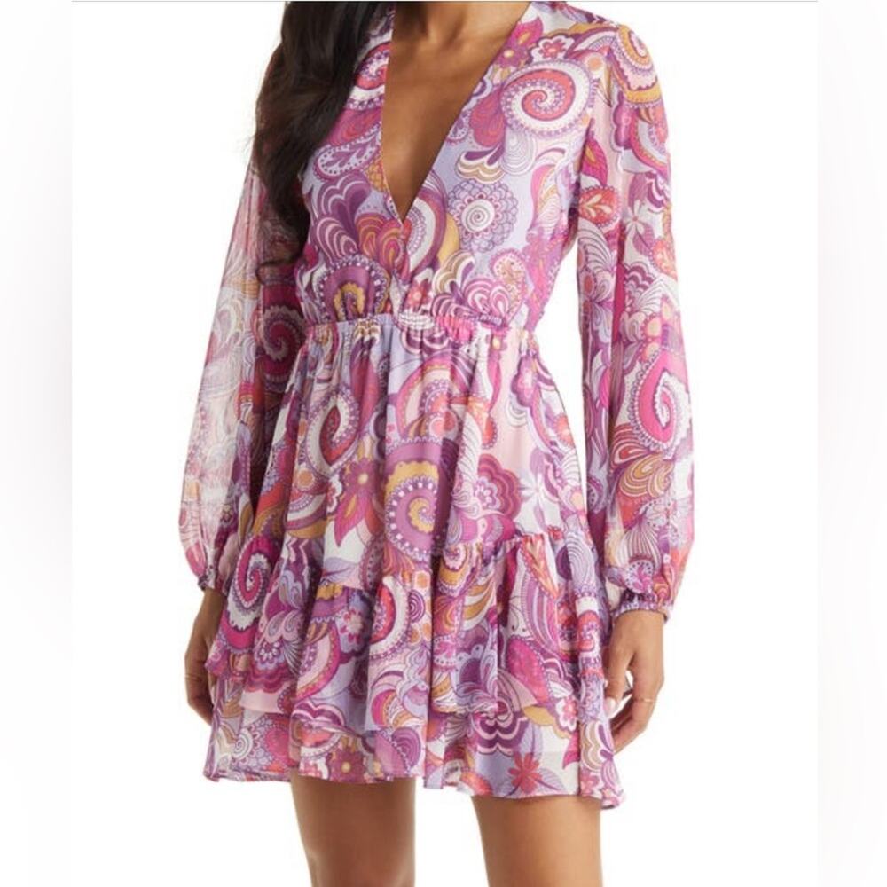 New VICI Collection Pink Paisley Long Sleeve Babydoll Dress Women's size M